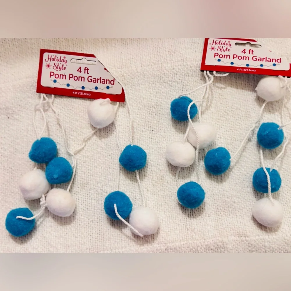8 Ft. Fuzzy Blue & White Pom Pom Garland Party Wedding Baby Shower Decor